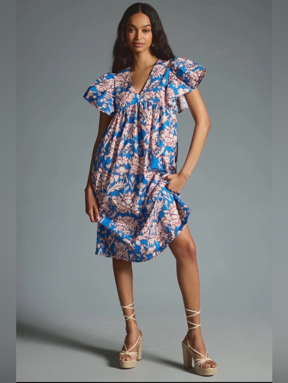 Anthropologie Maeve Blue Printed Flutter-Sleeve Babydoll Dress, Floral, Large - Picture 9 of 9
